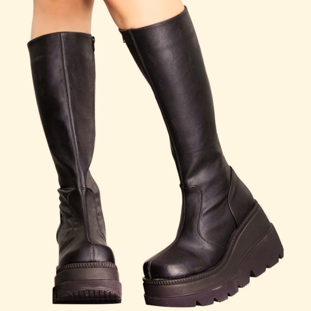 Moto punk chunky goth platform black knee high boots